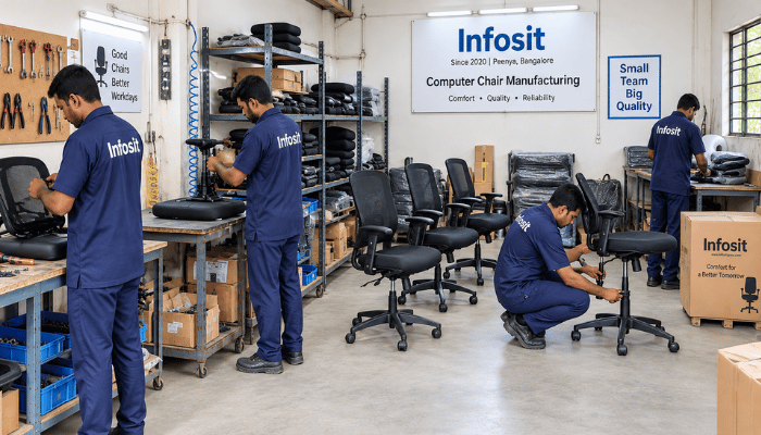 Infosit workers in dark blue uniforms assembling computer chairs at the Peenya, Bangalore workshop